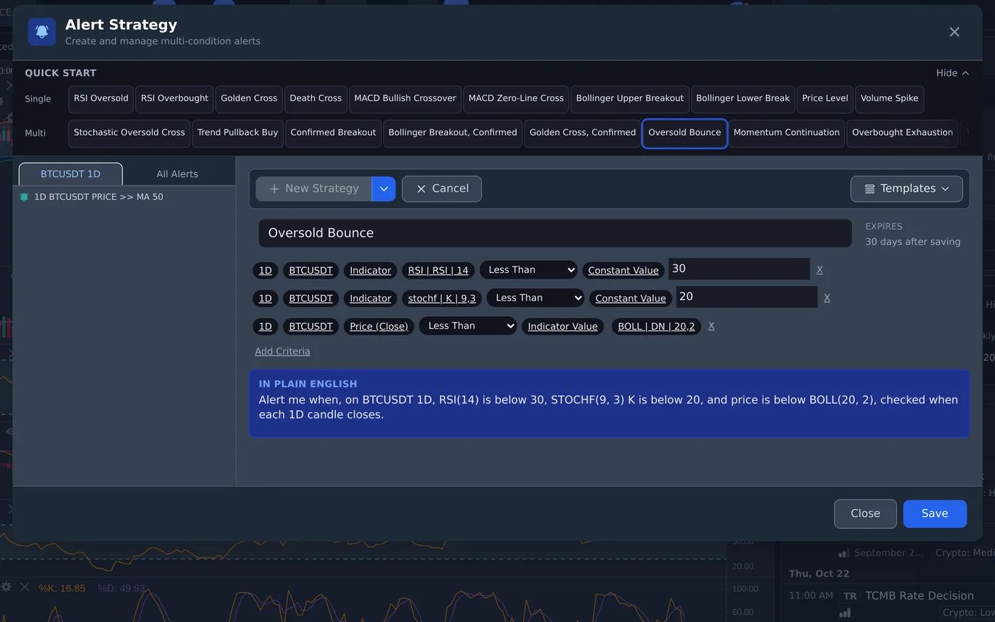 The alert builder with three conditions and a plain-English summary